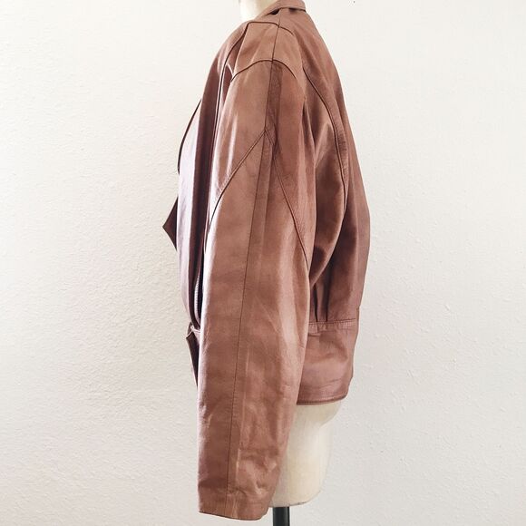 Vintage 1980s Brown Cropped Long Dolman Sleeve Belted Leather Jacket - M/L - Picture 6 of 8
